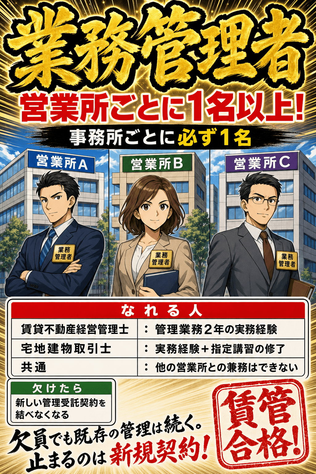 業務管理者の選任義務と要件を整理した暗記画像