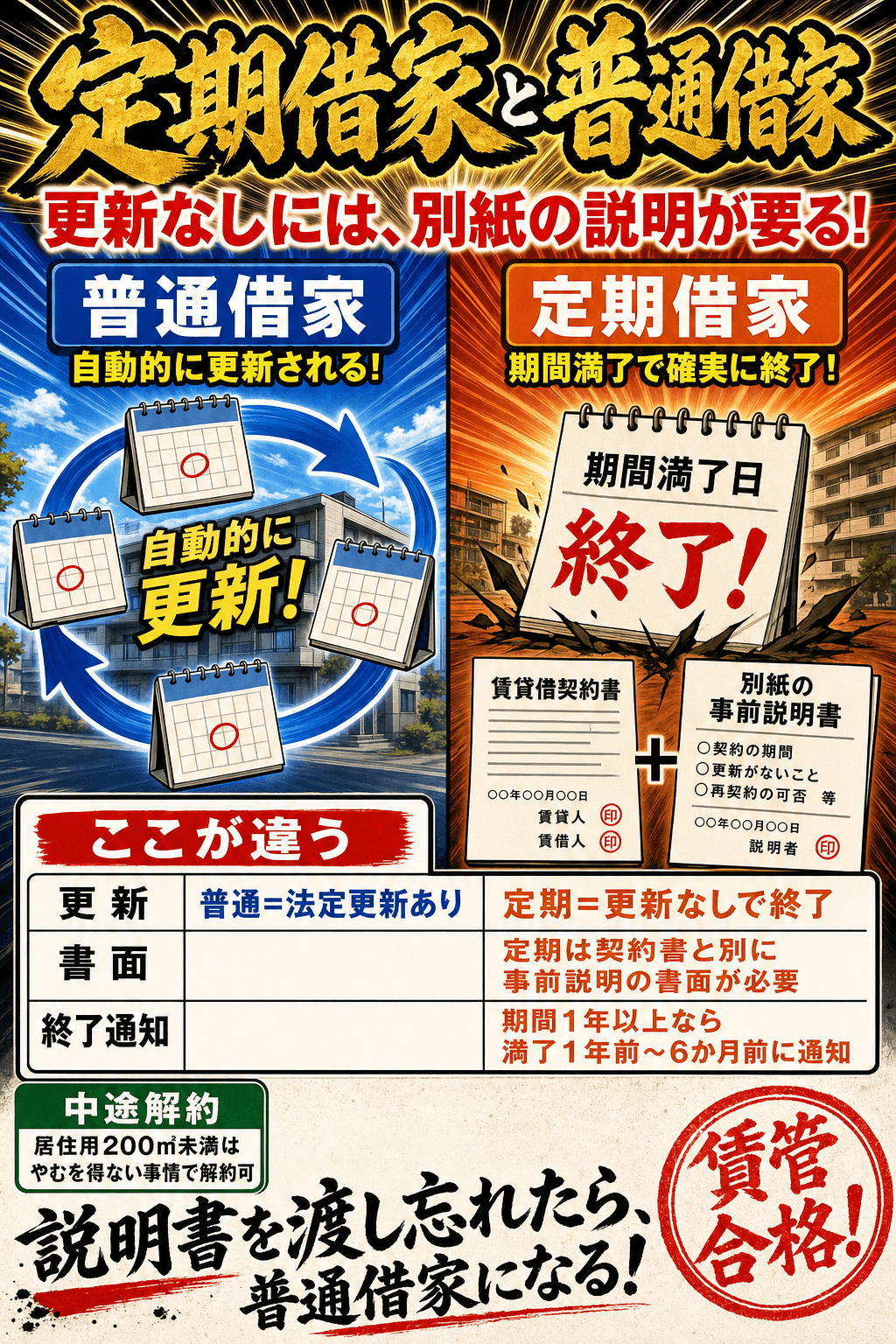 定期借家と普通借家の違いを比較した暗記画像