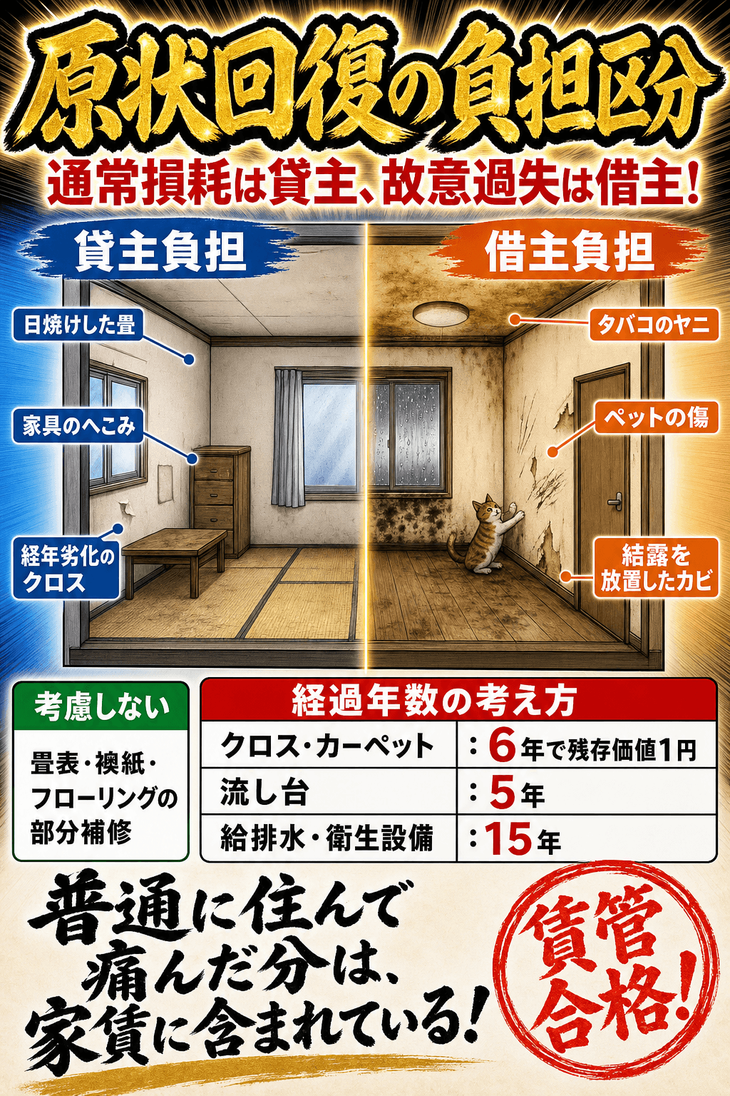 原状回復における貸主負担と借主負担の区分を整理した暗記画像