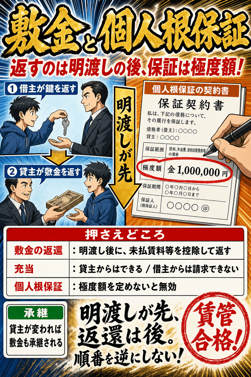 敷金の返還時期と個人根保証の極度額を整理した暗記画像