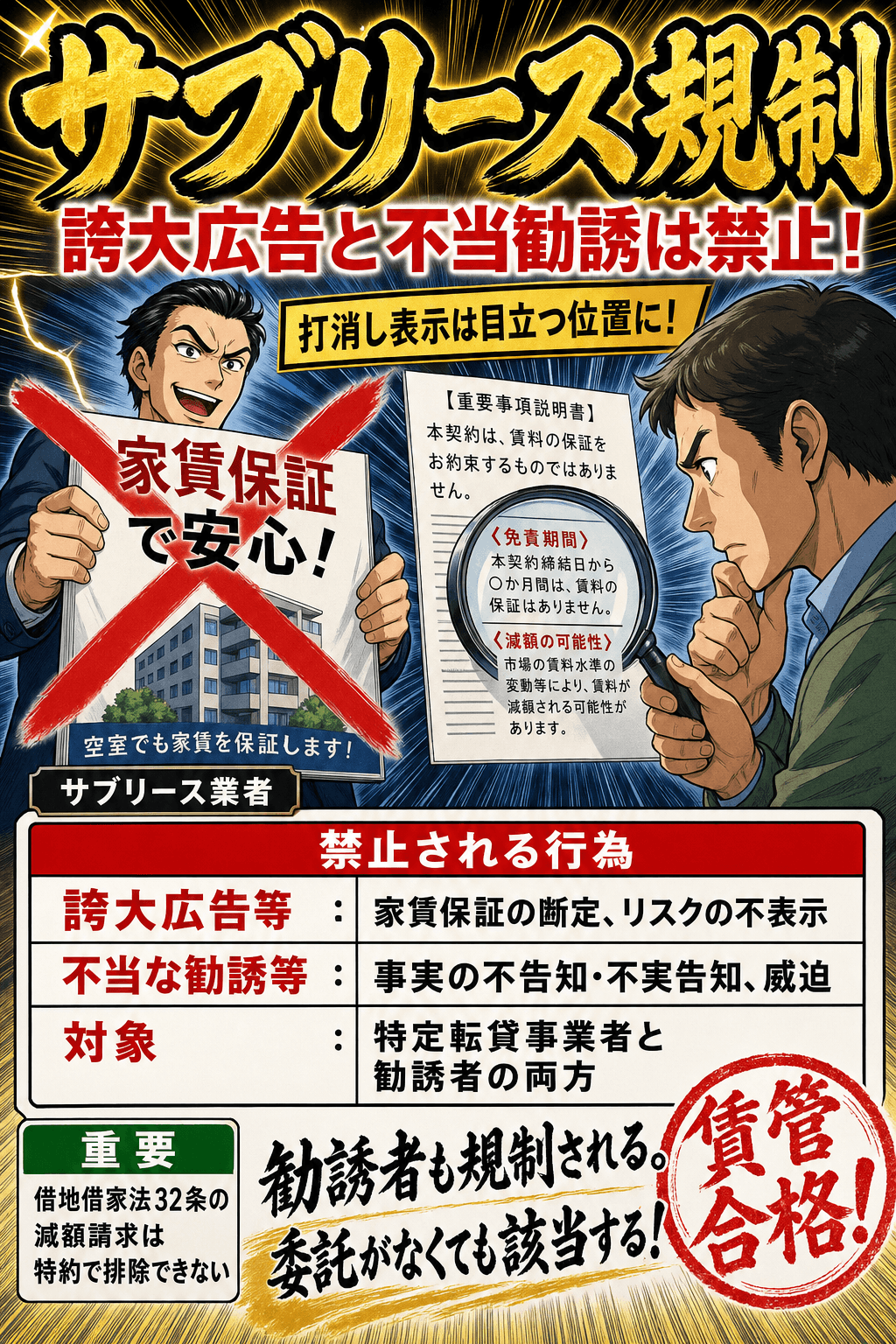 サブリース事業における誇大広告と不当勧誘の禁止を整理した暗記画像